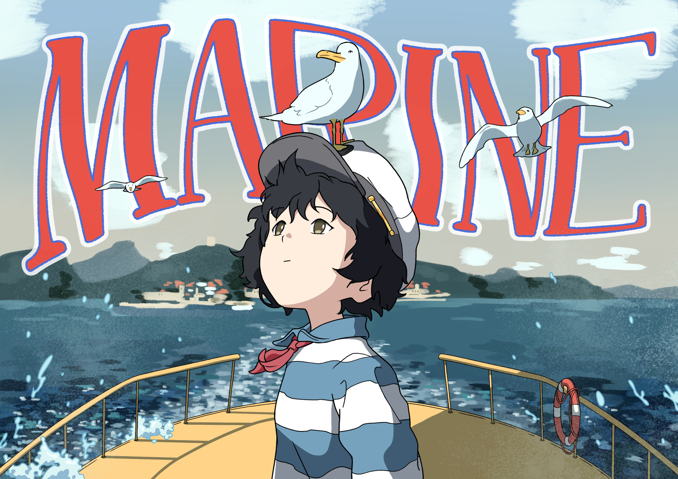 MARINEと書かれた短編アニメの表紙。船上の人物とカモメ、海と港の風景